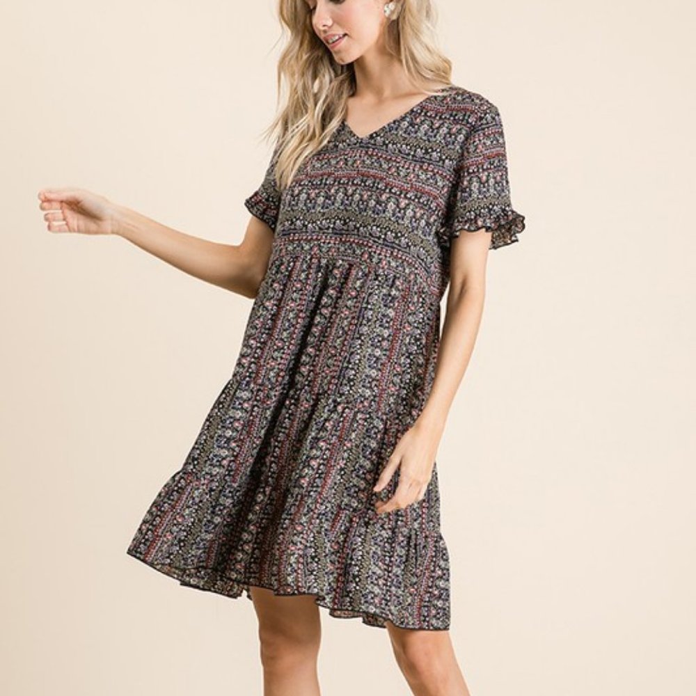 Black Boho Tiered  Babydoll Dress